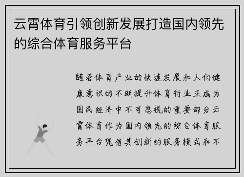 云霄体育引领创新发展打造国内领先的综合体育服务平台