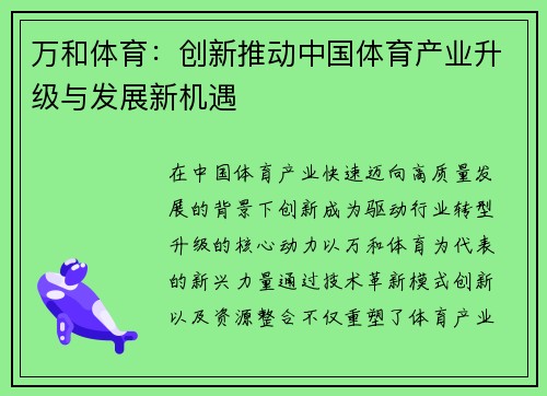 万和体育：创新推动中国体育产业升级与发展新机遇